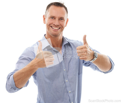 Image of Portrait, thumbs up and business man in studio isolated on a white background. Thumbsup, support and happy male with hand gesture for like emoji, approval or thank you, yes and success motivation.