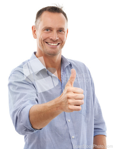 Image of Thumbs up, studio portrait and man with hand for support, yes or like emoji isolated on a white background. Happy model person with sign or icon for thank you, vote or review for winning motivation