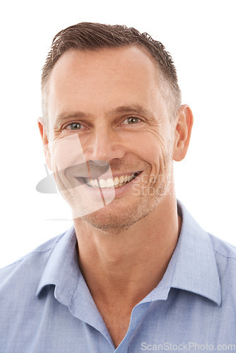 Image of Face, portrait and business man in studio isolated on a white background, smiling and happy with career. Boss, ceo and proud male entrepreneur from Canada with vision, mission and success mindset.