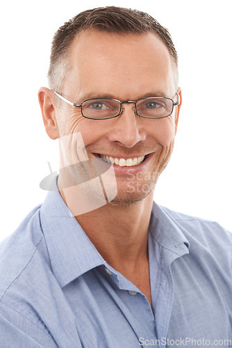 Image of Happy, confident and portrait of a handsome man isolated on a white background in a studio. Smile, glasses and face of a businessman with confidence, success and vision for a company on a backdrop