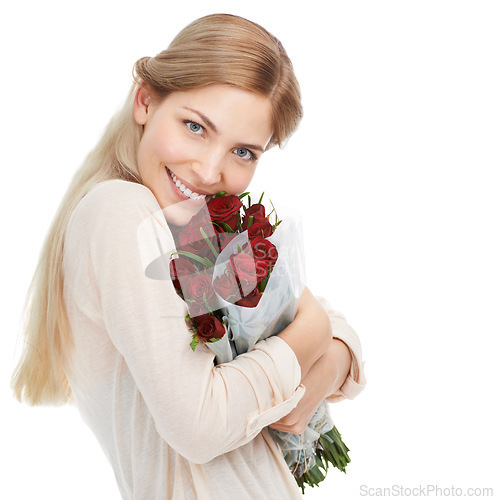 Image of Woman with roses, smile in portrait with gift for Valentines day, love and nature isolated on white background. Happiness, romance and female hug red bouquet with holiday celebration and mockup space