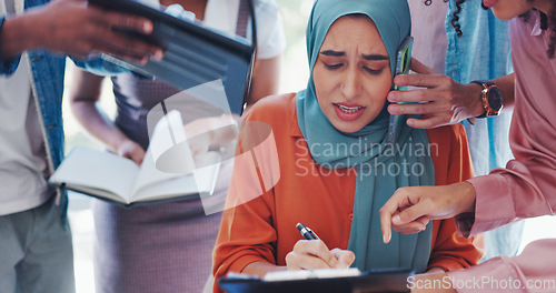 Image of Phone call, busy and Muslim woman signing documents, corporate anxiety and management stress. Tired, chaos and Islamic employee talking on a mobile while giving approval signature for paperwork