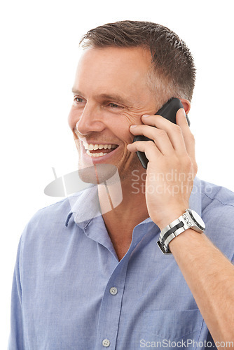 Image of Phone call, contact and communication with a mature man in studio isolated on a white background. Mobile, talking and conversation with a handsome male on blank space for networking or chatting