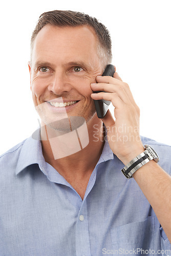 Image of Man, phone call and conversation for business, smile and planning with guy isolated on white studio background. Male, employee and happy consultant with smartphone, talking and connection on backdrop