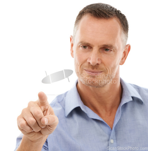 Image of Business man, hand with finger point and touch, virtual screen and technology abstract isolated on white background. Press, digital and face, scroll and ui, user experience and future tech in studio