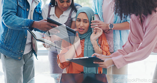 Image of Phone call, busy and Muslim woman signing documents, corporate anxiety and management stress. Tired, chaos and Islamic employee talking on a mobile while giving approval signature for paperwork