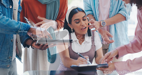 Image of Chaos, stress and business woman in office with time management, planning and employee workflow problem, crisis or startup anxiety. Phone call, documents and manager working in administration career