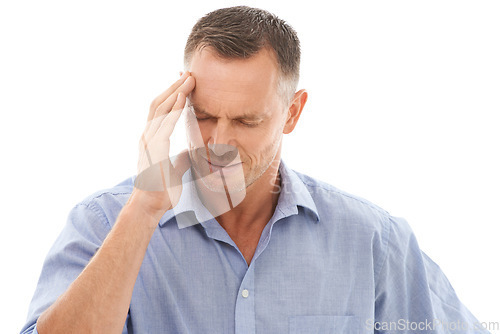 Image of Headache, stress and business man in studio with migraine isolated on a white background. Mental health, burnout and mature male entrepreneur with anxiety, pain or head ache, depression or frustrated