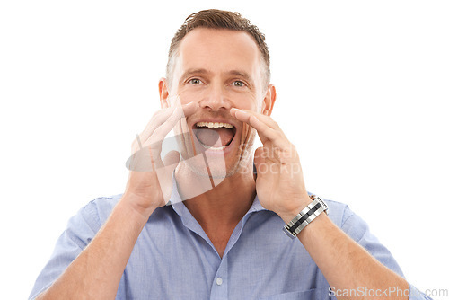 Image of Shouting, happy and portrait of a man with an announcement isolated on a white background. Screaming, yelling and businessman cupping hands for gossip, conversation or communication on a backdrop