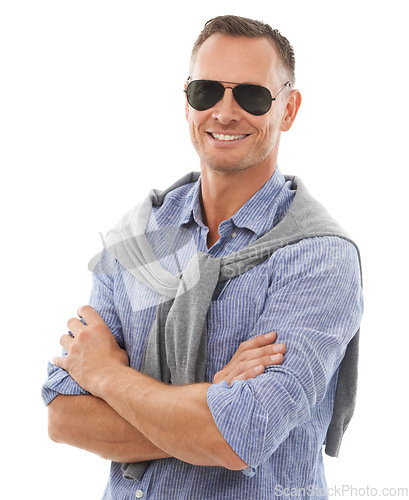 Image of Arms crossed, cool and portrait of a man with sunglasses isolated on a white background in studio. Happy, confident and relaxed mature guy with confidence, style and shades for summer on a backdrop
