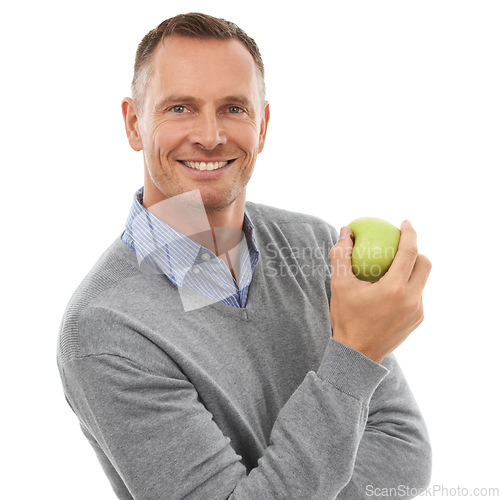 Image of Studio portrait, healthy diet and apple fruit for health, eating and wellness isolated on a white background. Model person with nutrition vegan food for benefits, smile motivation and clean eating