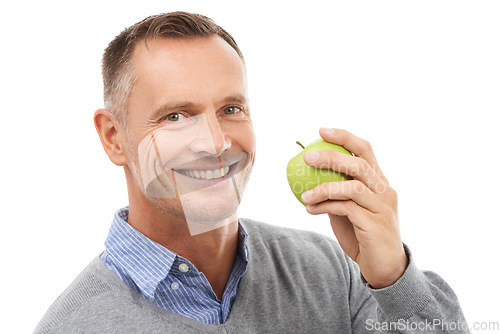 Image of Man, studio portrait and eating apple fruit for health, diet and wellness isolated on a white background. Model person with nutrition vegan food for a healthy lifestyle, motivation and happiness