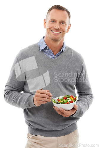 Image of Man, studio portrait and salad for health, diet and wellness isolated on a white background. Happy model person with vegan nutrition food bowl for healthy lifestyle, motivation and eating vegetables