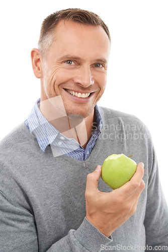 Image of Healthy apple, studio portrait and man with fruit for health, diet and wellness isolated on a white background. Happy person with vegan nutrition food for green lifestyle, motivation and clean eating