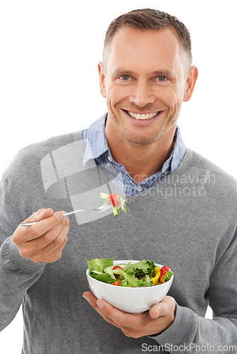 Image of Salad, portrait and man isolated on a white background for healthy green food, diet and nutritionist breakfast. Professional person or model eating vegetables or food for vegan or nutrition in studio