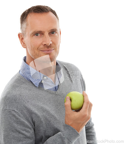 Image of Fruit, apple portrait and health man for eating, diet and wellness isolated on a white background. Model person with nutrition vegan food for healthy lifestyle, motivation and clean eating in studio