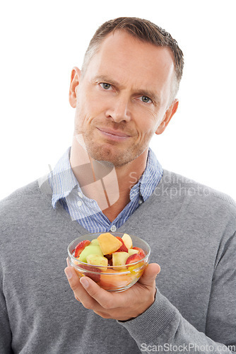 Image of Man with salad choice isolated on a white background for healthy diet, green lunch or nutritionist decision. Professional person or model thinking of vegan lifestyle fruits, food and face in studio