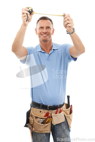 Image of Measuring tape, construction worker and man with tools for engineering, maintenance and building. Manual labor, repair service and contractor, builder and handyman with gear belt on white background