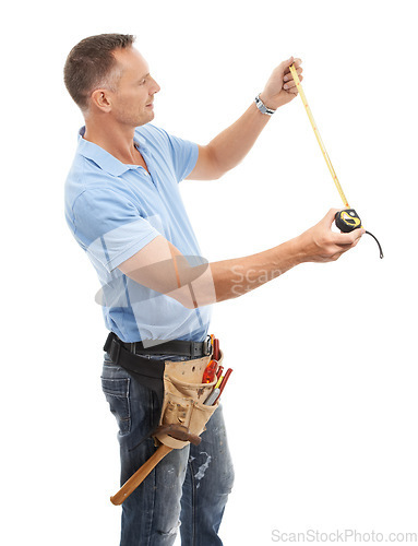 Image of Construction worker, measuring tape and man for maintenance, engineering and building. Manual labor, repair service and contractor, builder and handyman with measure tools or gear on white background