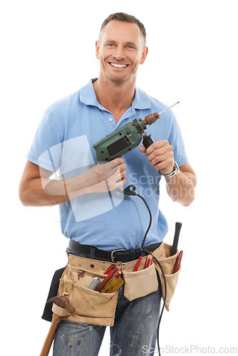 Image of Measuring tape, construction worker and man with tools for engineering, maintenance and building. Manual labor, repair service and contractor, builder and handyman with gear belt on white background