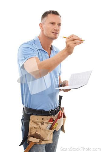 Image of Man, notebook and tool belt for maintenance, handyman or guy isolated on white studio background. Male construction worker, business owner or entrepreneur with equipment or writing for measurements