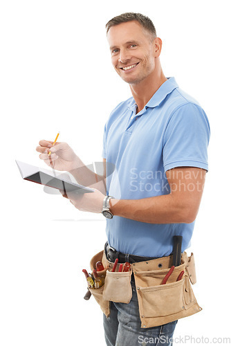 Image of Handyman, contractor or man isolated on a white background with notebook, invoice and tools. Professional construction worker, model or person writing notes for career services portrait in a studio