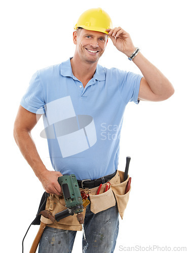 Image of Tools, construction worker and portrait of man with ppe for engineering, maintenance and building. Manual labor, repair service and contractor, builder and handyman with gear belt on white background