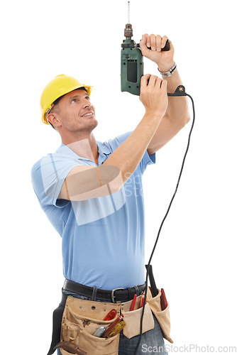 Image of Construction, drill and man with tools for building, maintenance and civil engineering. Manual labor, technician and isolated contractor, builder and handyman with gear belt on white background