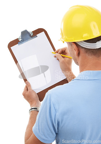 Image of Clipboard space, construction worker and man isolated on a white background for inspection or engineering checklist. Builder, contractor or project manager person with paper writing mockup in studio