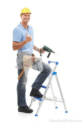 Image of Thumbs up, portrait and repairman in a studio with a drill, tool belt and ladder for maintenance. Happy, smile and male industry worker or handyman with tools for repairs isolated by white background