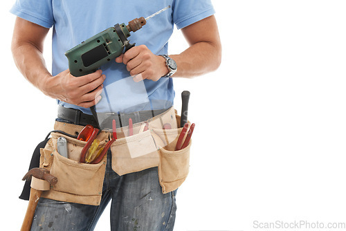 Image of Drill, construction and hands of man with tools belt for engineering, maintenance and building. Manual labor, technician service and contractor, builder and handyman with gear bag on white background