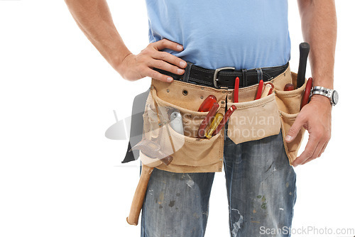 Image of Construction worker, tools bag and man on a white background for engineering, maintenance and building. Manual labor, repair service and zoom of contractor, builder and handyman with gear in studio