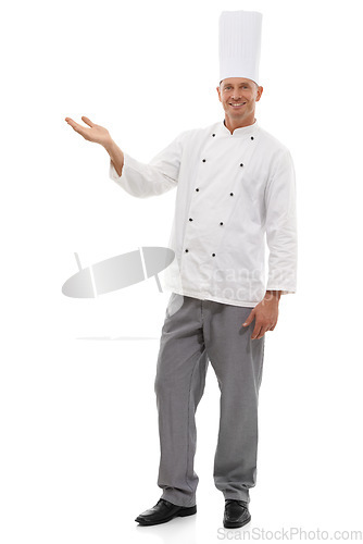 Image of Chef, full body portrait and man mockup, product placement and confident smile isolated on white background. Happy executive cook in uniform, menu presentation and small business discount in studio.