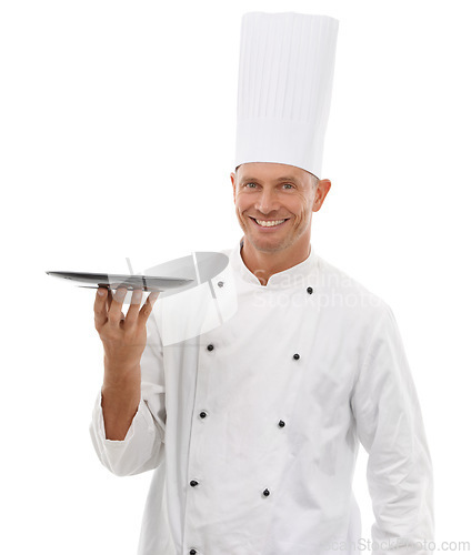 Image of Portrait of chef, empty tray and smile, presenting menu special promo deal or restaurant product placement. Happy cafe, cook and man in uniform with mock up isolated on white background in studio.