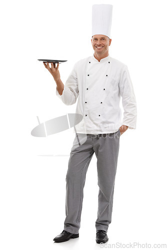 Image of Portrait of chef holding empty tray, menu special and smile presenting promo deal or restaurant product placement. Happy full body cook man in uniform, mock up isolated on white background in studio.