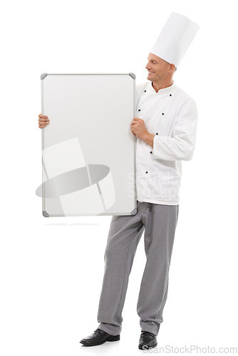 Image of Chef man with board isolated on a white background for empty menu, design mockup and career services. Professional culinary, cooking or bakery person with whiteboard presentation for ideas mock up
