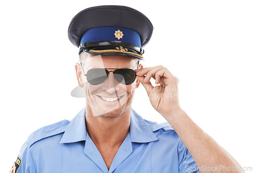 Image of Police officer man in sunglasses isolated on a white background, career vision and portrait smile. Security, law and professional person or attractive model in uniform for justice and cool in studio