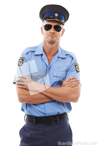 Image of Portrait, police and officer with a man in uniform, standing arms crossed in studio isoltaed on a white background. Law, security and trust with a male policeman in sunglasses on blank space