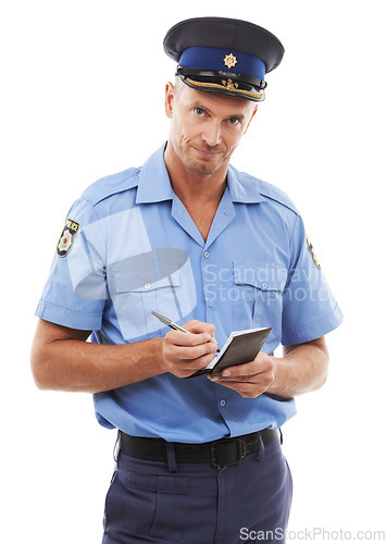 Image of Parking fine, writing ticket and portrait of police on white background with notepad for traffic laws. Crime, law enforcement and face of policeman, security guard and safety officer write on paper