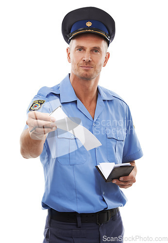 Image of Law, portrait and police officer with a ticket for a crime isolated on a white background in a studio. Security, guard and man working in safety with a citation for a traffic offense on a backdrop