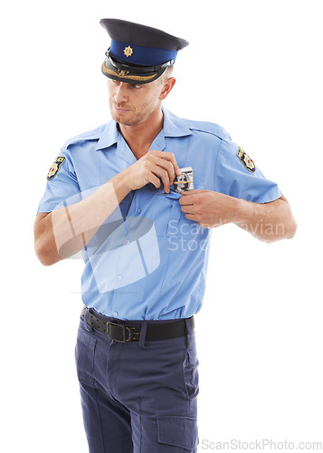 Image of Police man, cash bribe and corruption, sneaky face and illegal activity, break rules and dollar bills isolated on white background. Fraud, crime and money laundering, law enforcement steal in studio