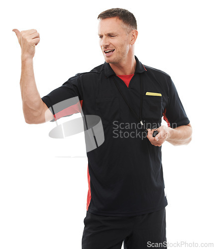 Image of Sports, whistle and male coach in a studio giving instructions, direction or rules for a match. Fitness, workout and professional man referee with a training gesture isolated by a white background.