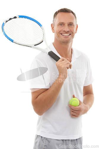 Image of Portrait, tennis sports and man in studio isolated on a white background for exercise. Training, badminton and happy mature male with racket and ball ready to start workout or exercising for wellness