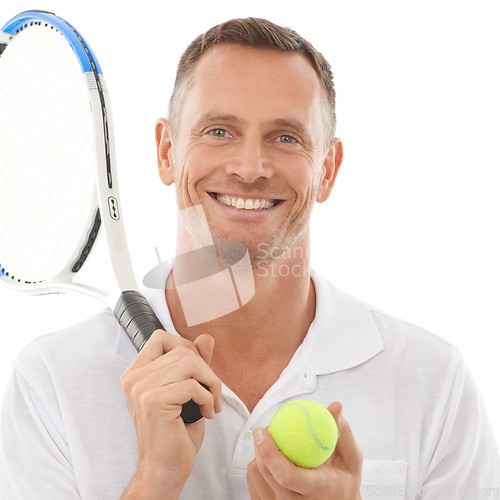 Image of Face portrait, tennis sports and man in studio isolated on a white background for exercise. Training, athlete or happy mature male with racket and ball ready to start workout or exercising for health