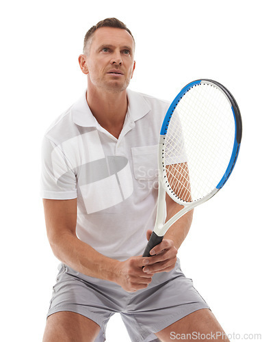 Image of Tennis, sports fitness and man in studio isolated on a white background for exercise. Training, thinking and mature male holding racket ready to start workout for game practice, health and wellness