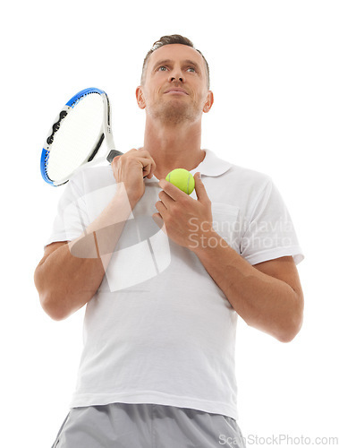 Image of Sports tennis, fitness and man in studio isolated on white background for exercise. Training, thinking or mature male holding racket and ball ready to start workout or practice for health or wellness