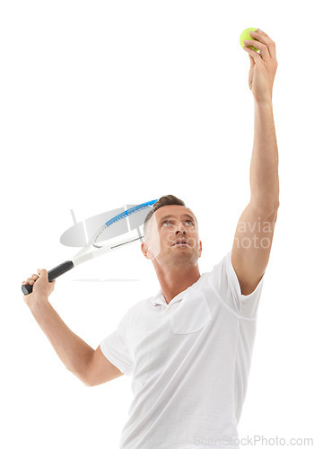 Image of Sports fitness, tennis and man in studio isolated on white background for exercise. Training, athlete or mature male holding racket ready to hit ball for workout, game or practice, health or wellness