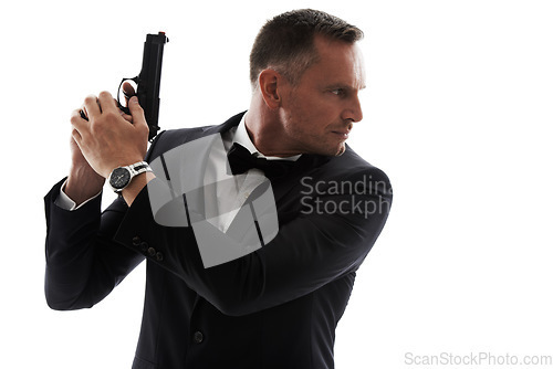 Image of Spy, gun and secret agent model with isolated, white background and mockup ready for action. Actor, weapon and tuxedo suit of a man looking mysterious with classy style and pistol for danger