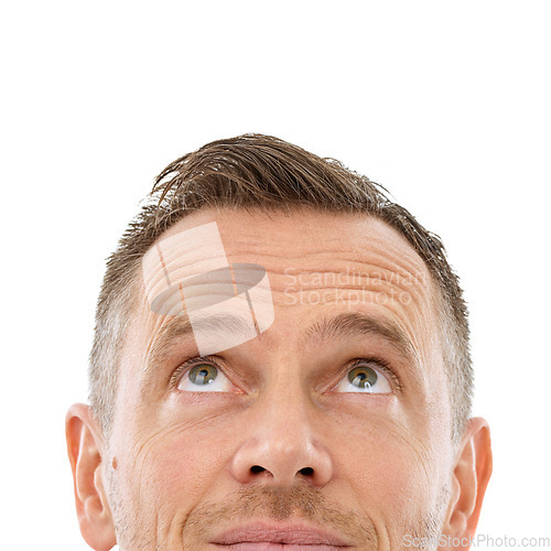 Image of Man face, looking up and mockup space for thinking, advertising or promotion isolated on a white background. Person with copyspace idea for logo, brand or barber sale with eyes and studio headshot