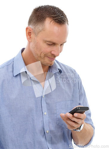 Image of Typing, phone and business man in studio isolated on a white background for social media. Technology, smartphone and mature male entrepreneur with mobile cellphone for networking or text messaging.